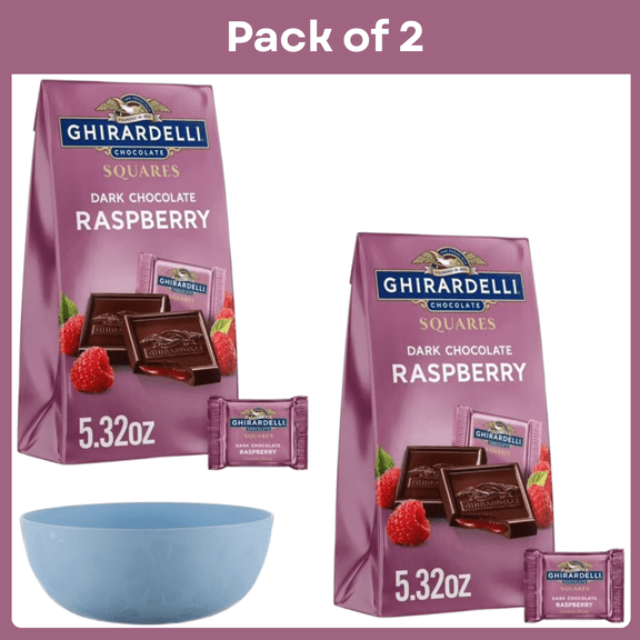 Pack of 2 GHIRARDELLI Dark Chocolate Candy SQUARES with Raspberry Filling, 5.32 oz Bag- With Bowl