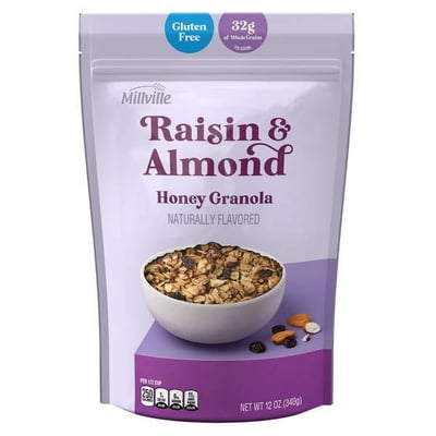 Millville Honey Flavored Granola, Gluten Free, Raisin and Almond, Pack of 2, 12 oz