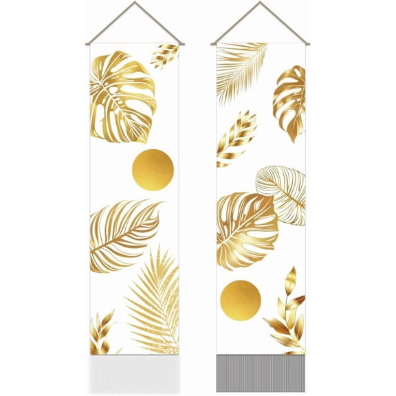Pack of 2 Gold Botanical Tapestry Boho Leaves Modern Gold Botanical Plant Vertical Long Aesthetic Tapestry Doorway Curtain Tassel Wall Hanging