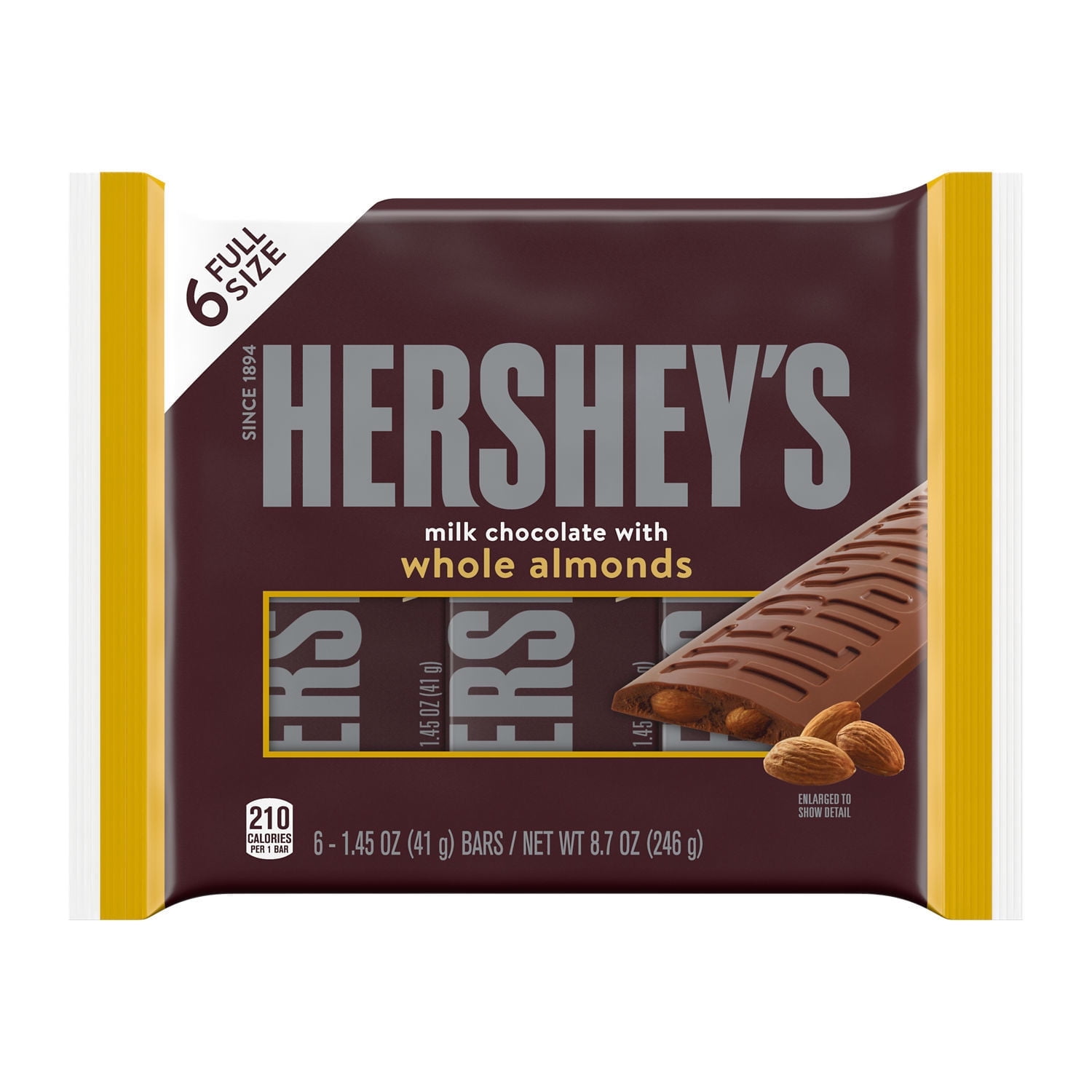 Hershey's Milk Chocolate with Whole Almonds Candy, Bars 1.45 oz, 6 Count pack of 2