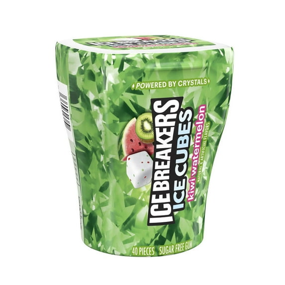 Pack of 2 Ice Breakers Ice Cubes Kiwi Watermelon Sugar Free Chewing Gum, Bottle 3.24 oz, 40 Pieces