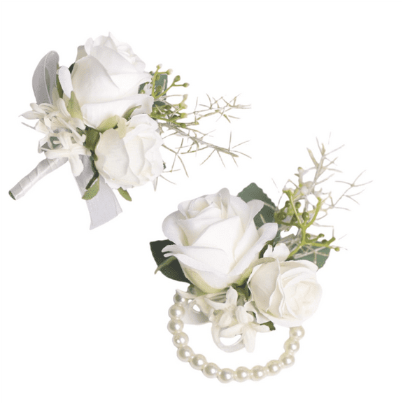 Pack of 2 Ivory Rose Wrist Corsage and Boutonniere Set – Pearl Bracelet & Pin for Bride Groom Prom Wedding Party