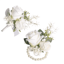 Pack of 2 Ivory Rose Wrist Corsage and Boutonniere Set – Pearl Bracelet & Pin for Bride Groom Prom Wedding Party