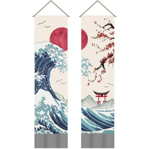 Pack of 2 Japanese Wave Tapestries Ocean Wave Tapestry Red Sun Waves Red Cherry Blossoms Tassel Tapestry Wall Hanging for Room 13 x 51 Inch for DIY