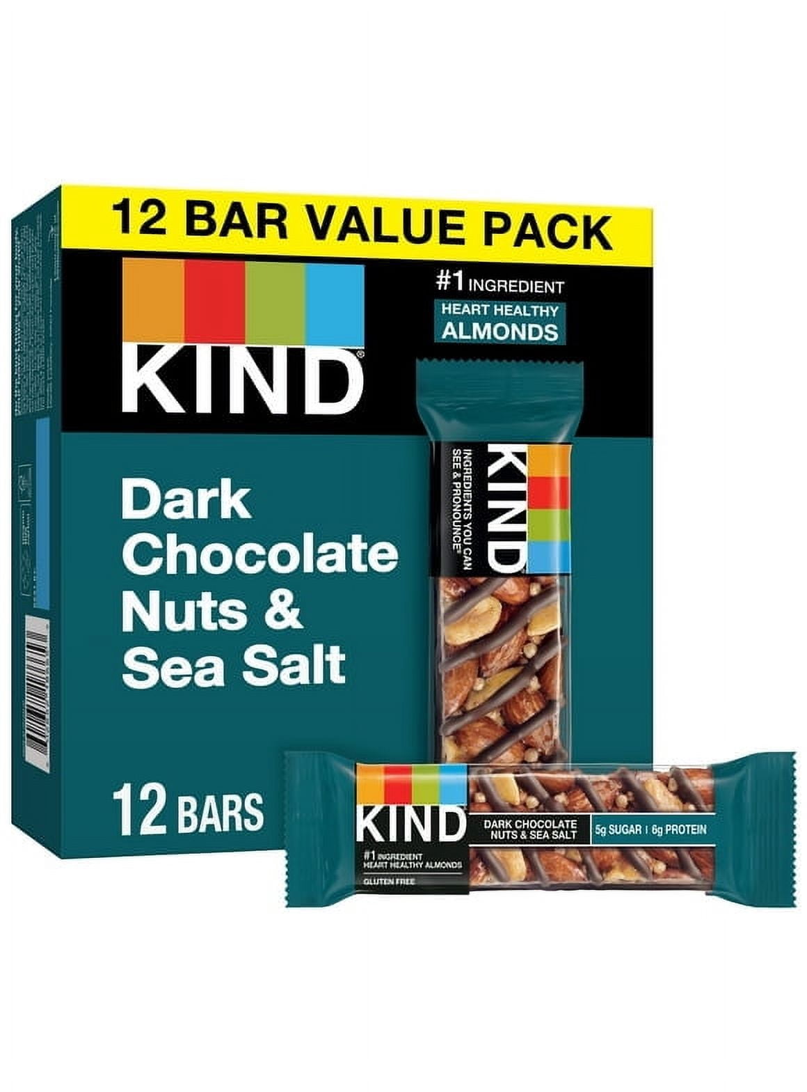 Pack of 2 KIND Gluten Free Dark Chocolate Nuts & Sea Salt Snack Bars, Value Pack, 1.4 oz, 12 Count