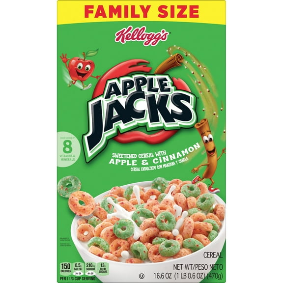 Pack of 2 Kellogg's Apple Jacks Cereal - Family Size, 16.6 oz (Package May Vary)