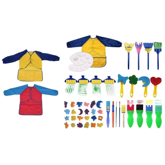 Pack of 2 Kids Art Smocks, Children Waterproof Artist Painting & 47 Pcs Children Sponge Painting Brushes Set