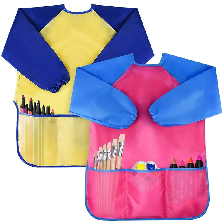 Pack of 2 Kids Art Smocks, Children Waterproof Artist Painting Aprons Long  Sleeve with 3 Pockets for Age 2-7 Years Gifts