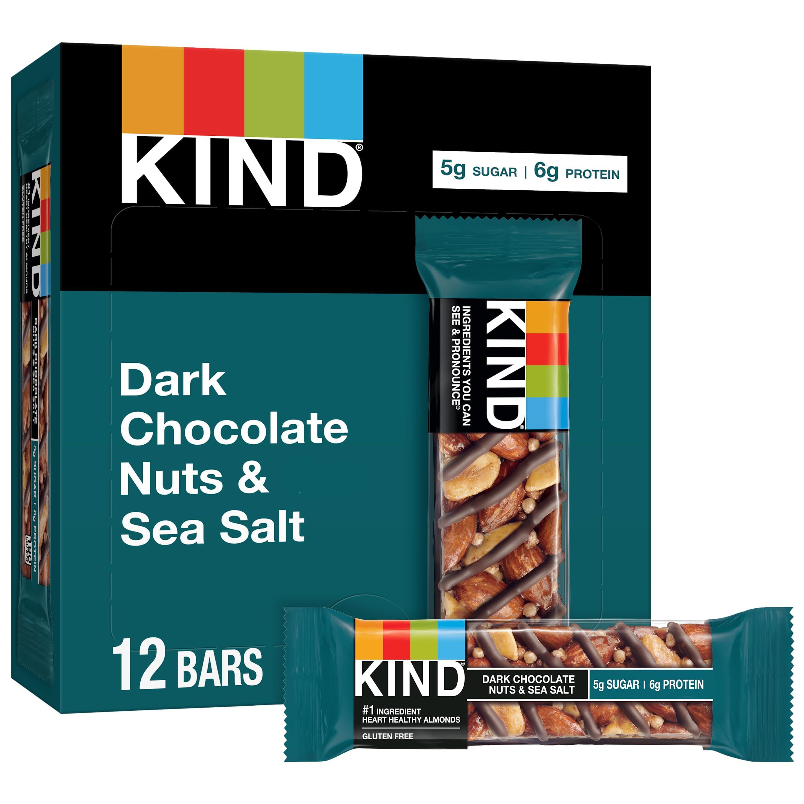 Pack of 2 - Kind Bars, Dark Chocolate Nuts And Sea Salt, Healthy Snacks, Gluten Free, Low Sugar, 6G Protein, 12 Count Packaging May Vary