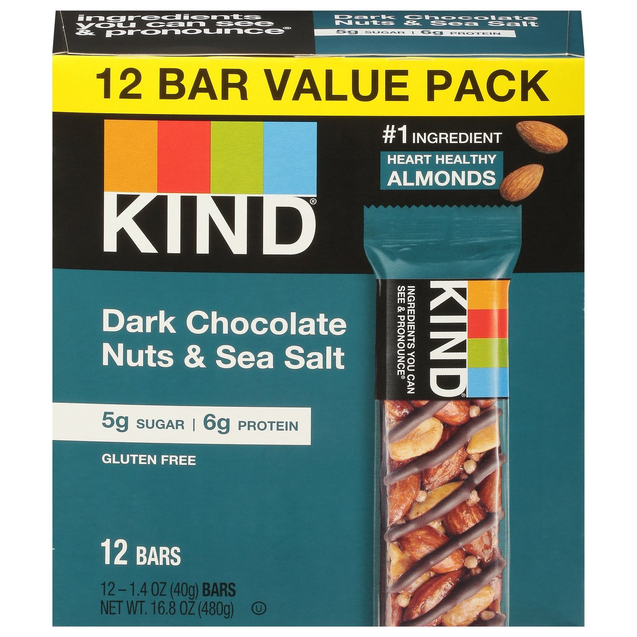 Pack of 2 Kind Dark Chocolate Nuts & Sea Salt Bar, 12 ct (Package May Vary)