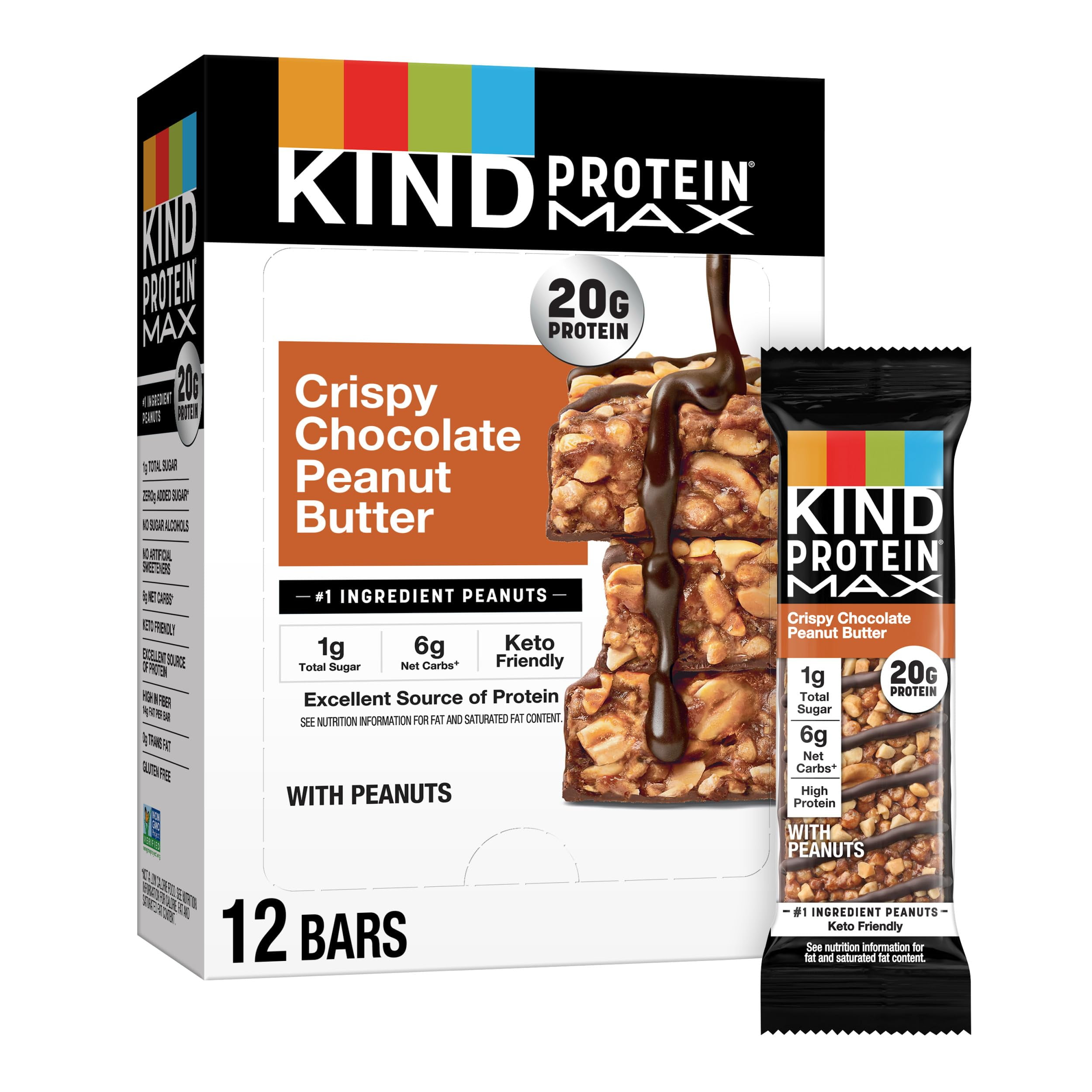Pack of 2 - Kind Protein Max Crispy Chocolate Peanut Butter Snack Bars, 20G Of Protein, Keto Friendly, 1G Of Sugar Per Bar, Gluten Free, 12 Count Box