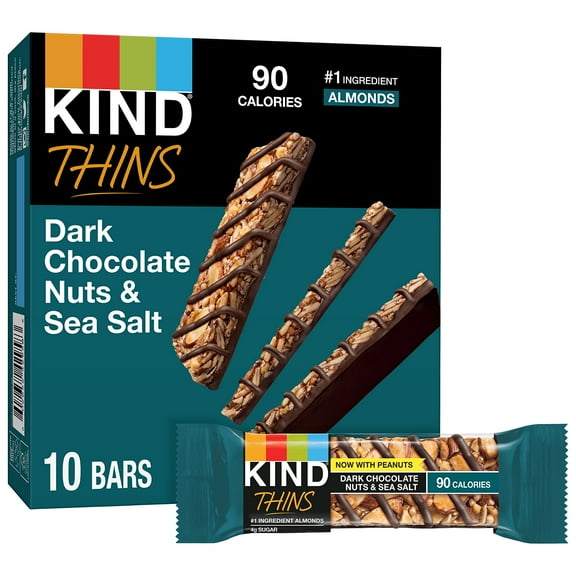 Pack of 2 - Kind Thins Dark Chocolate Nuts & Sea Salt Bars (Now With Peanuts), Gluten Free, 4G Sugar, 0.74 Oz Bars, 10 Count Packaging May Vary