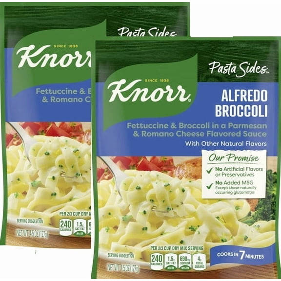 Pack of 2 Knorr Pasta Sides Alfredo Broccoli Fettuccine, Cooks in 7 Minutes, No Artificial Flavors, No Preservatives, No Added MSG 4.5 Oz
