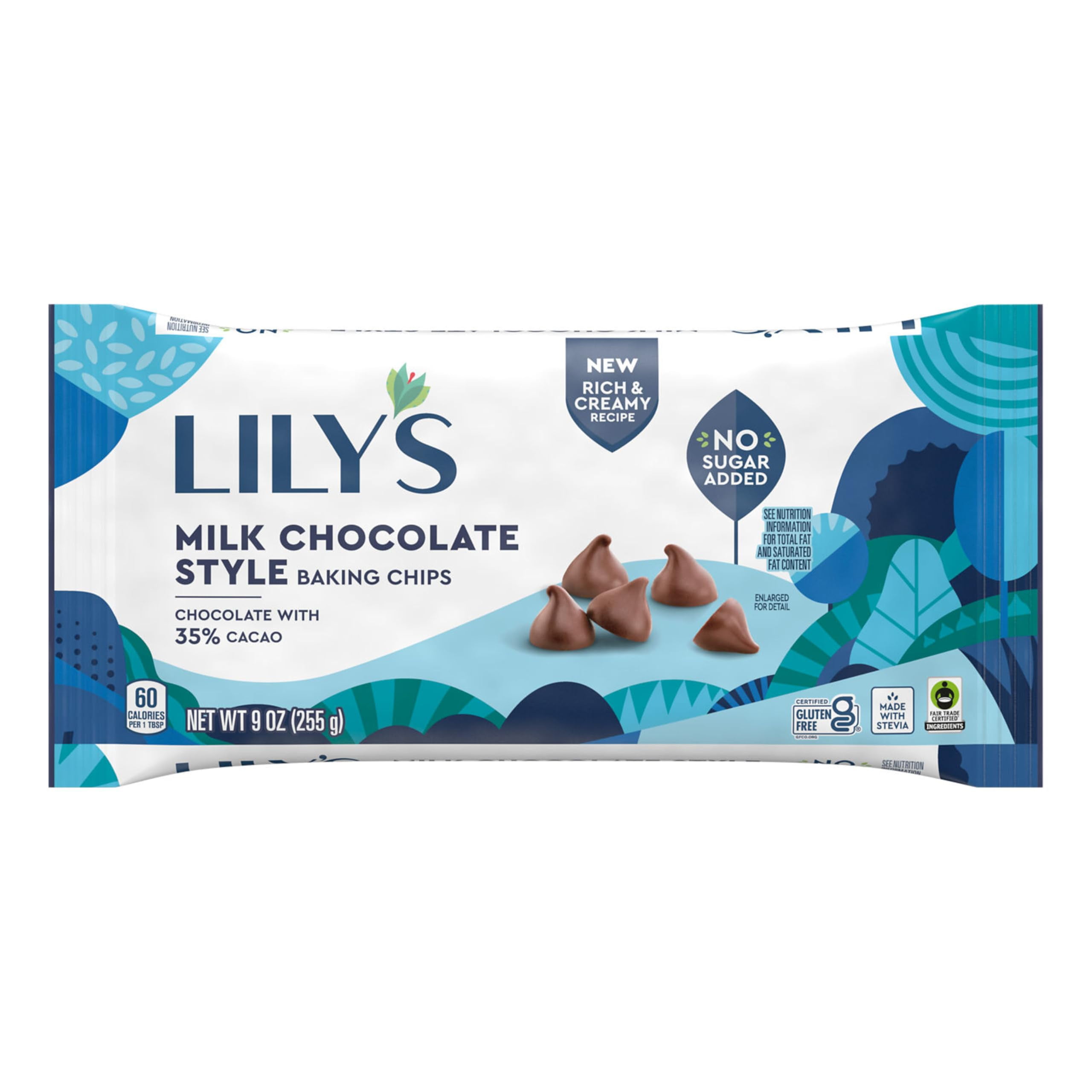 Pack of 2 LILY'S Milk Chocolate Style No Sugar Added, Baking Chips Bag, 9 oz