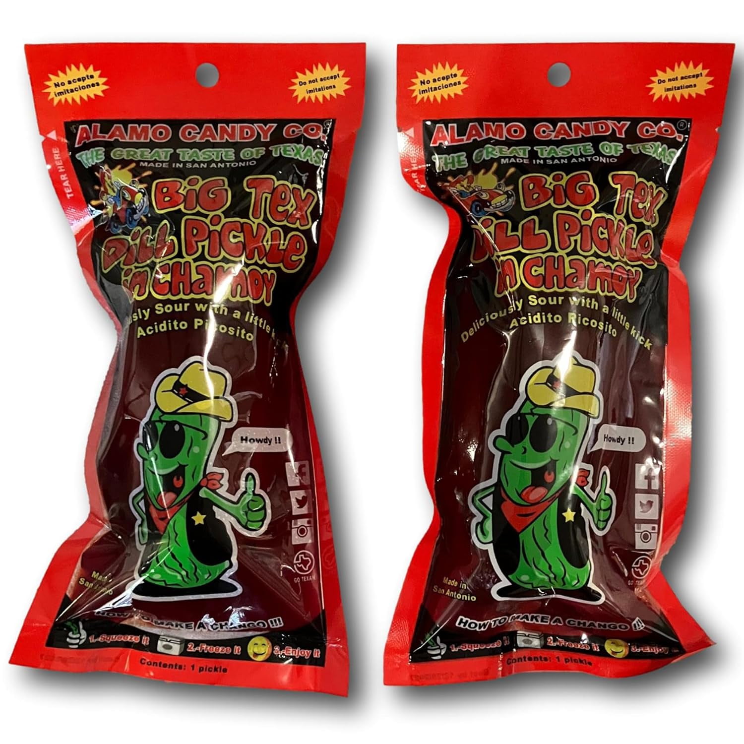 Pack of 2   Big Tex Dill Pickle in Chamoy - Individually Wrapped - Made in San Antonio, Texas - Large Pickles