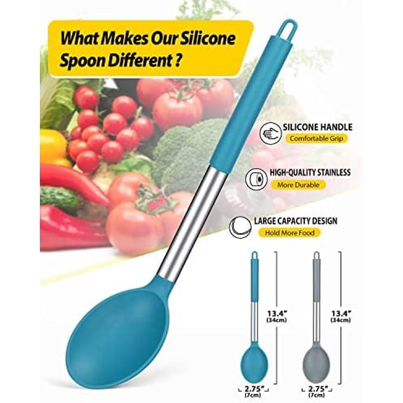 Pack of 2 Large Silicone Cooking Spoon Non Stick Solid Basting Spoons Heat-Resistant Kitchen Utensils for Mixing Serving (Gray-Blue)
