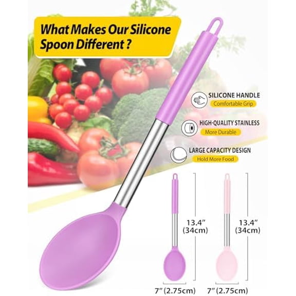 Pack of 2 Large Silicone Cooking Spoon Non Stick Solid Basting Spoons Heat-Resistant Kitchen Utensils for Mixing Serving (Pink-Purple)