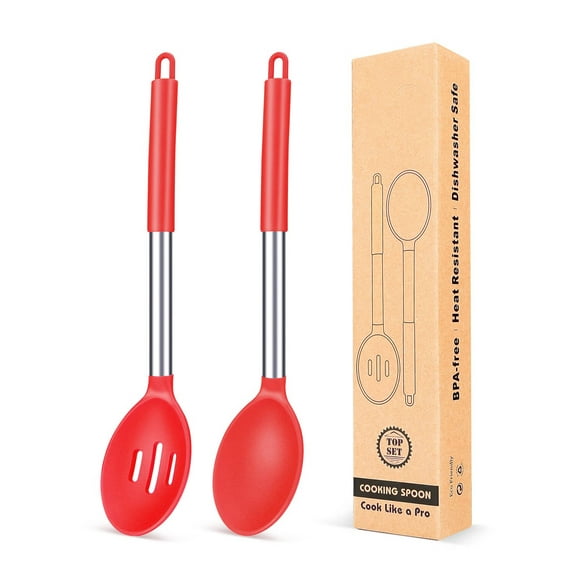 Pack of 2 Large Silicone Cooking Spoons,Non Stick Solid Basting Spoon,Heat-Resistant Kitchen Utensils for Mixing,Serving,Draining,Stirring (RED)