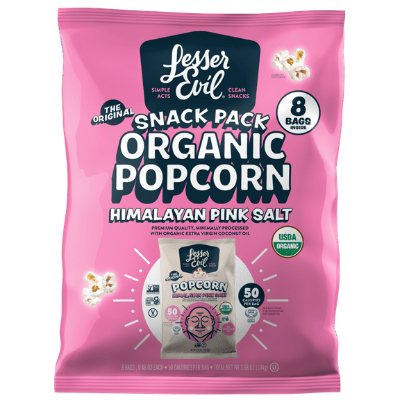 Pack of 2 LesserEvil Organic Himalayan Pink Salt Popcorn Multipack, 8 ct, .46 oz (Package May Vary)