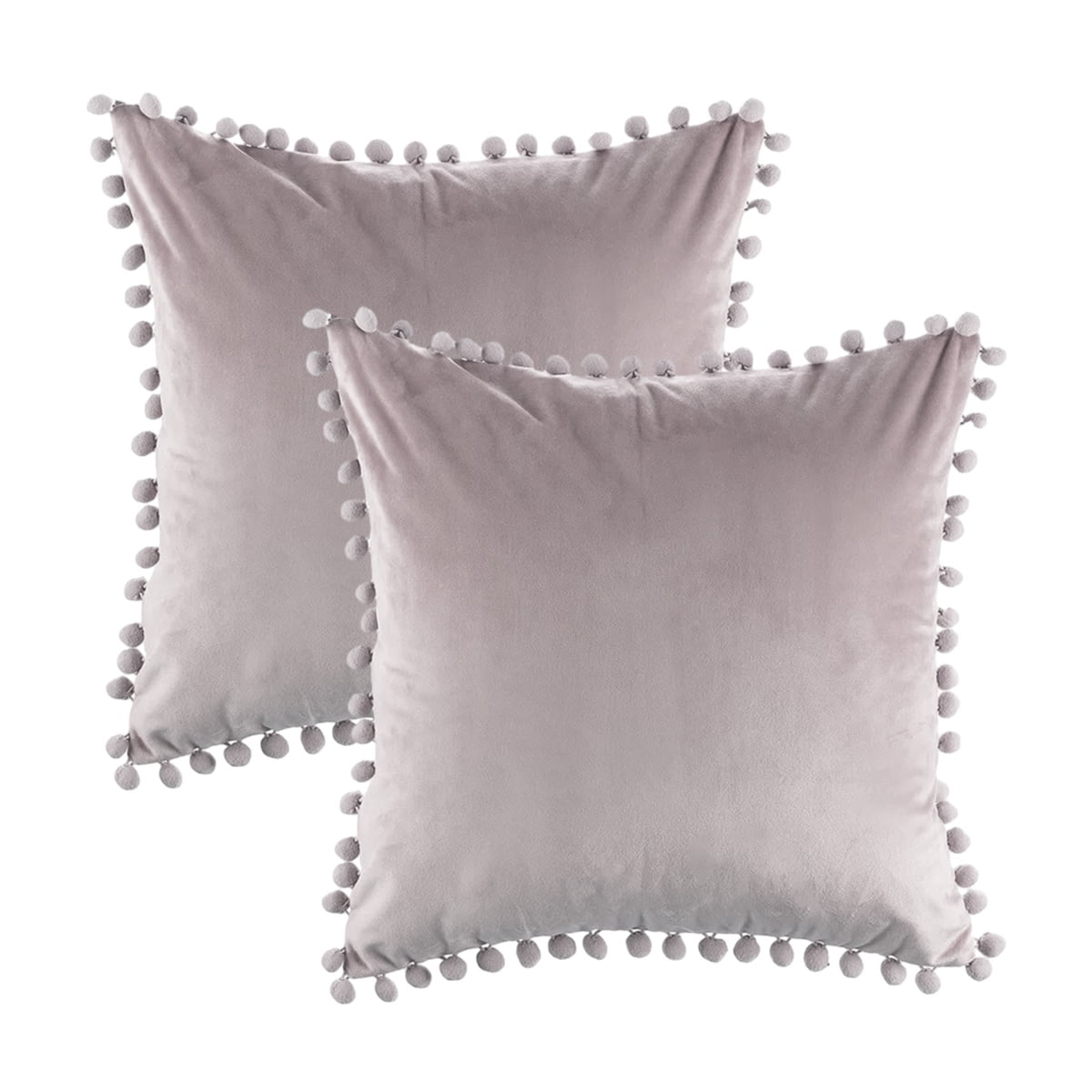 Pack of 2, Light Pink Throw Pillow Covers with Pom Poms Soft Particles Velvet Solid Cushion