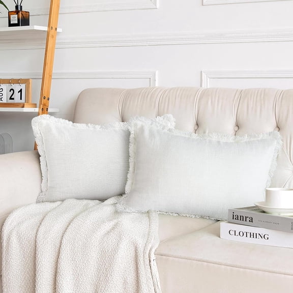Pack of 2 Linen Pillow Covers with Tassels Fringed Decorative Rustic Natural Throw Pillowcase Cushion for Couch Sofa Bedroom