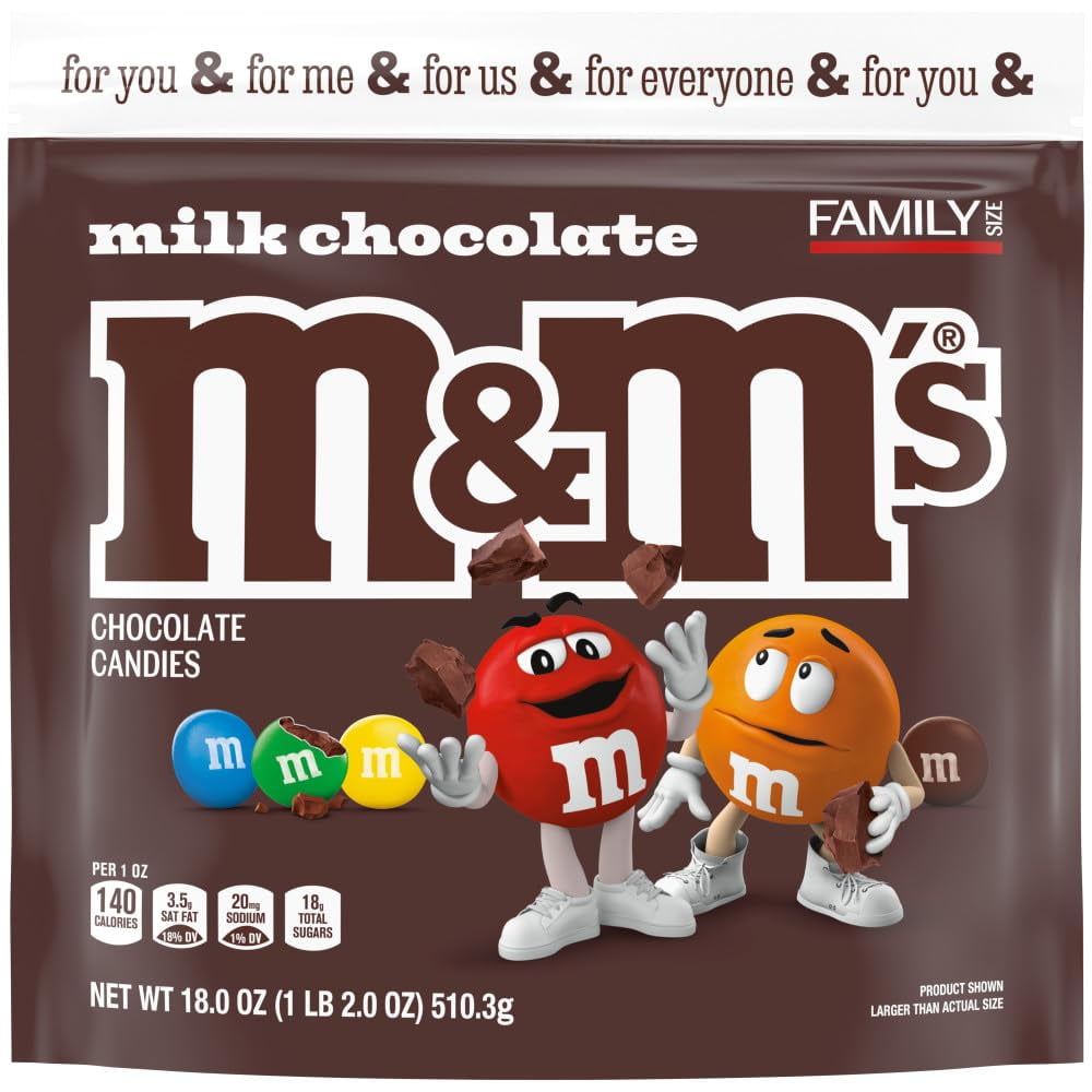 Pack of 2 - M&Ms Milk Chocolate Candy, Family Size, 18 Oz Resealable Bulk Candy Bag Packaging May Vary