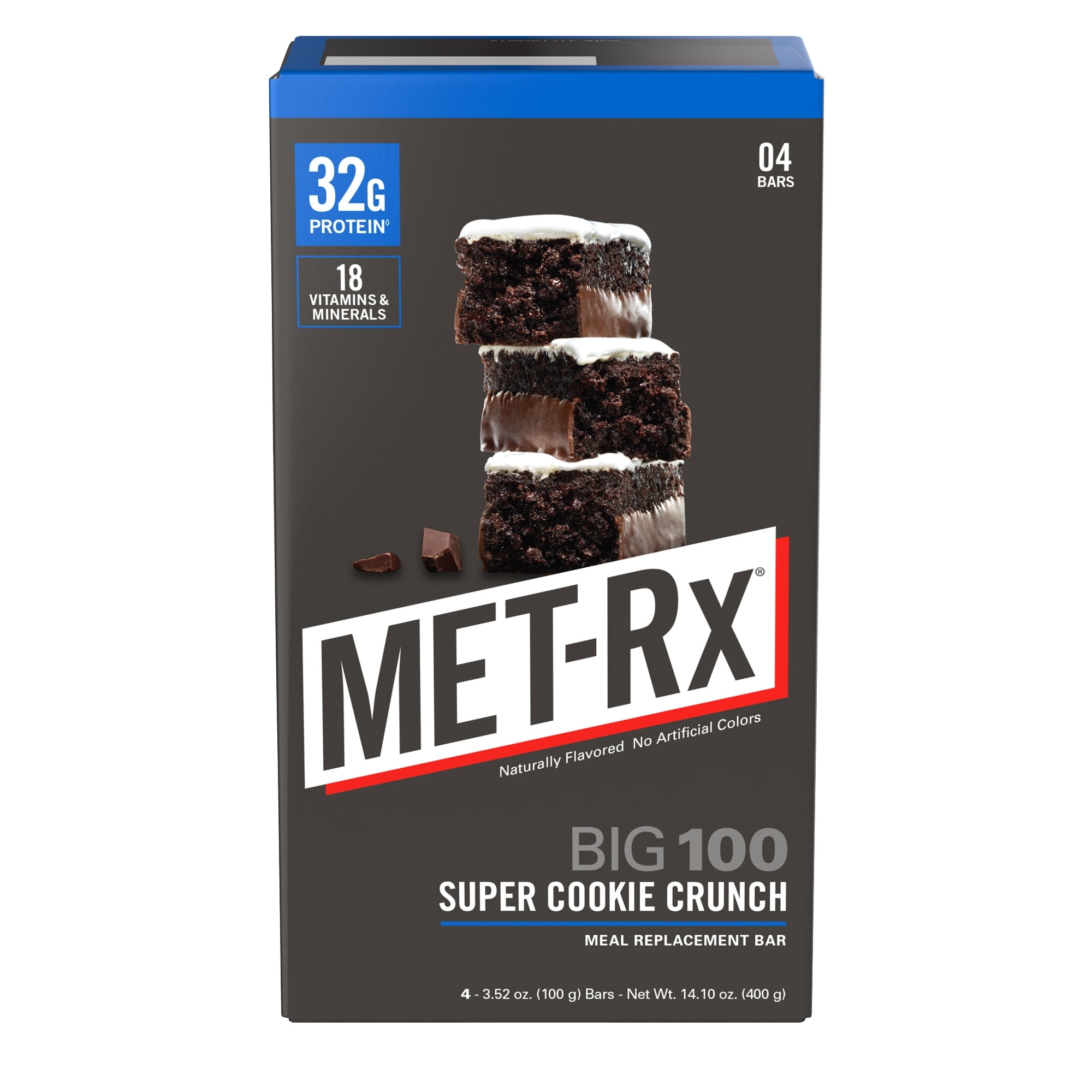 Pack of 2 MET-Rx Big 100 High Protein Meal Replacement Bars, Super Cookie Crunch, 4 Ct
