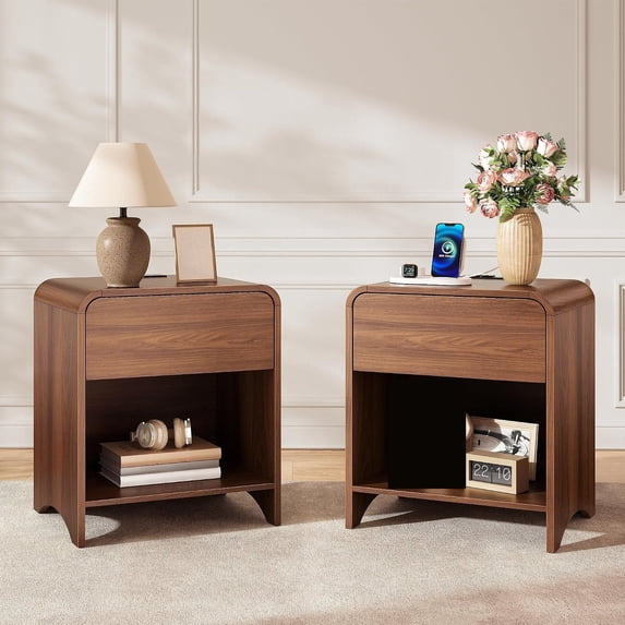 Pack of 2 Modern Nightstands with LED Lights USB-C Charging Station 2 ...