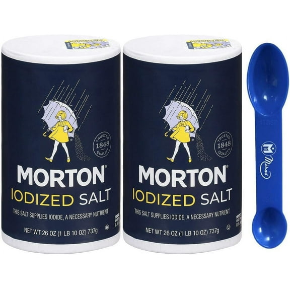 (Pack of 2) Morton Iodized Salt 26 oz (737g) (Miras Trademark 2-in-1 Measuring Spoon Included!)