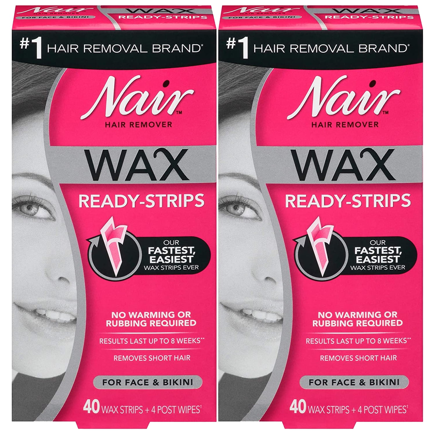 Pack of (2) Nair Hair Remover Wax Ready Strips, Face and Bikini Hair Removal Wax Strips, 40