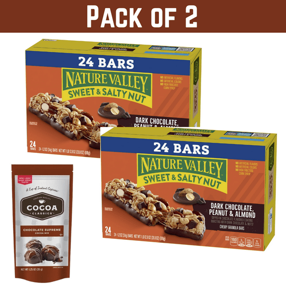 Pack of 2 Nature Valley Chewy Granola Bars, Dark Chocolate Peanut Almond, 24 Bars Each, 28.8 oz  with free  Cocoa Mix by ValueNest