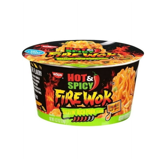 Pack of 2 Nissin Hot & Spicy Fire Wok Sizzlin' Rich Pork Flavor Asian Noodles in Sauce, 4.37 oz