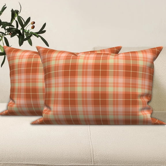 Pack of 2 Orange Peach Plaid Rectangle Throw Pillow Covers 12x20 Double-Sided Bright Tartan Pattern Lumbar Pillow Cover for Sofa