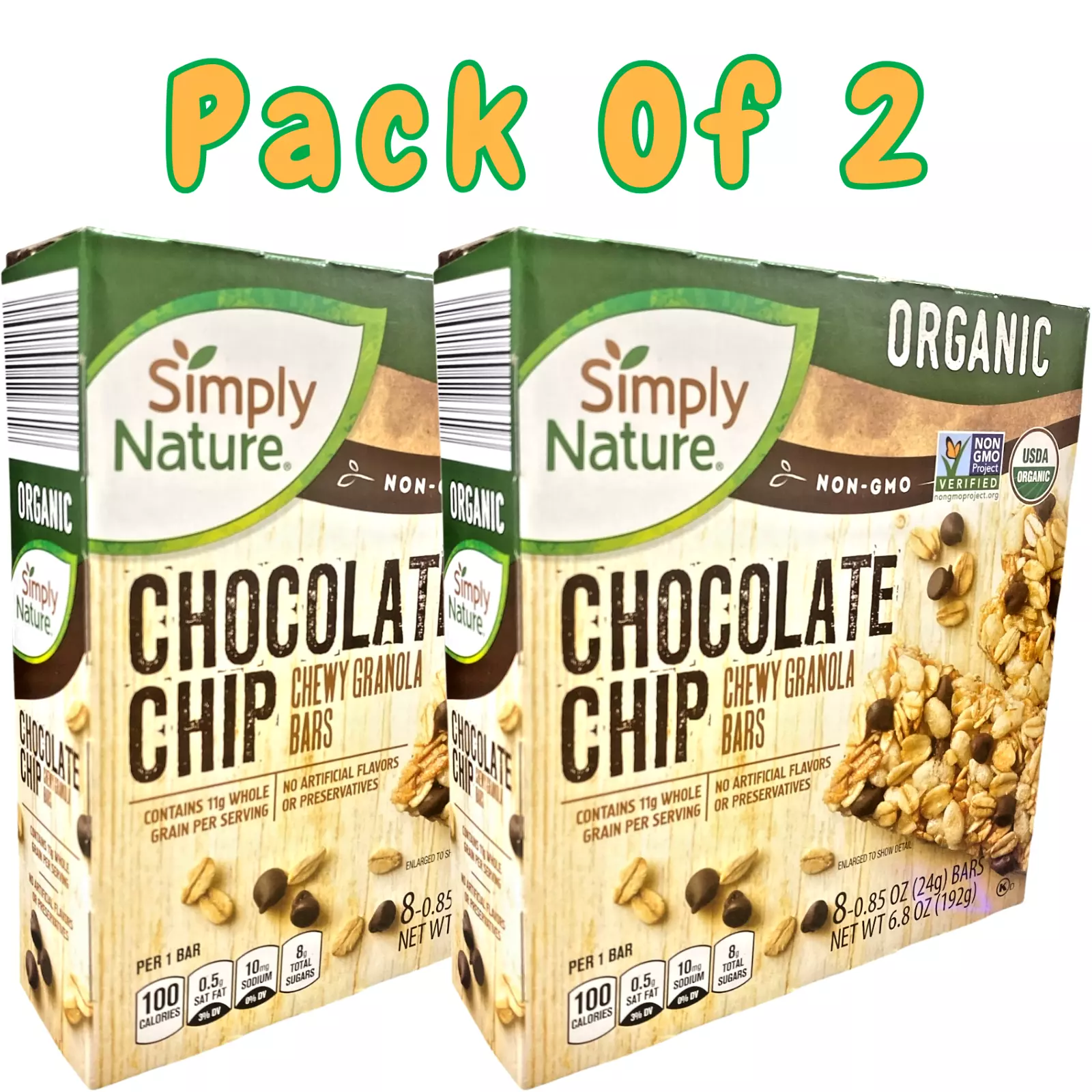 Pack of 2 – Organic Non-GMO Chocolate Chip Chewy Granola Bars (8 Bars per Box)