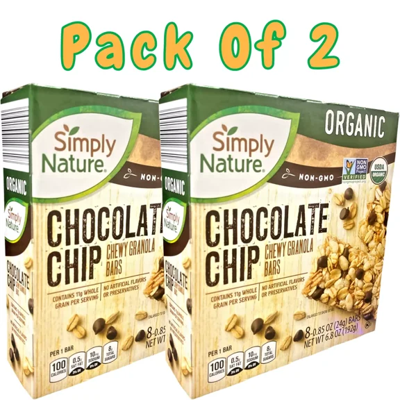 Pack of 2 Organic Non-GMO Chocolate Chip Chewy Granola Bars (8 Bars per Box)