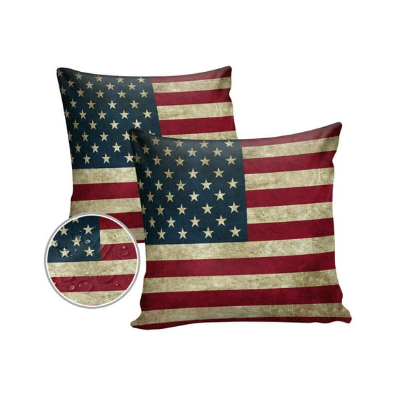 Pack of 2 Outdoor Pillow Covers, American Flag Waterproof Square Throw Pillowcase Cushion Decorative Pillow Covers for Couch Patio Tent, 16x16 in