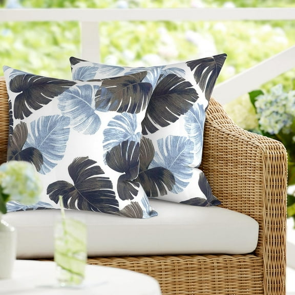 Pack of 2 Patio Pillow , Square Decorative Throw Pillow for Home,Sofa,Bench and Patio Furniture (18 x 18 in,Monstera Blue)