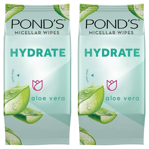 Pack of (2) Ponds Vitamin Micellar Wipes For Dry Skin Hydrate Aloe Vera Removes Waterproof Makeup 25 Wipes
