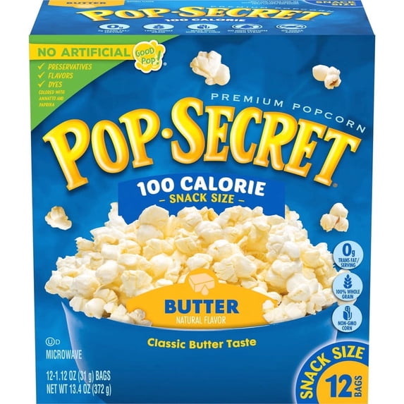 Pack of 2 Pop Secret Microwave Popcorn, 100 Calorie Butter Flavor, 1.1 oz Snack Bags, 12 Ct