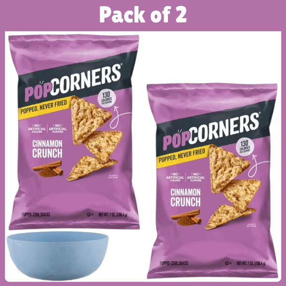 Pack of 2 PopCorners No Artificial Colors or Flavors Cinnamon Crunch Popped Corn Chips Bag, 7 oz-With Bowl