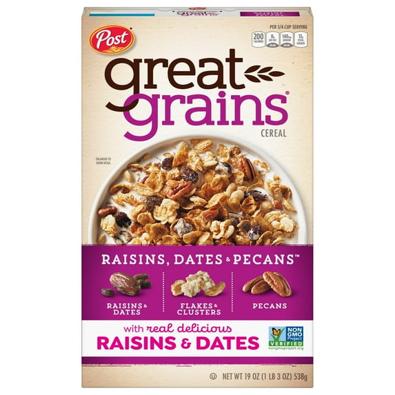 Pack of 2 Post Great Grains Raisins Dates & Pecans Cereal, 19 oz (Package May Vary)
