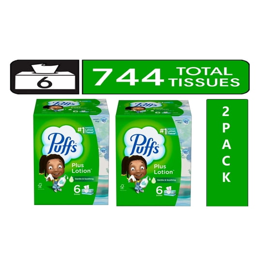 Pack of 2 Puffs Plus Lotion Facial Tissue, 6 Family Size Boxes, 124 ...