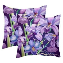 Pack of 2 Purple Orchid Flower Pattern Throw Pillow Covers 20x20 Inch, Square Farmhouse Pillowcase, Velvet Cushion Case for Sofa Bedroom Home Decor