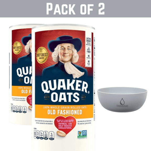 Pack of 2 Quaker Old Fashioned Oats, 18 oz Canister Each, 100% Whole Grain Oatmeal With free Valuenest Bowl