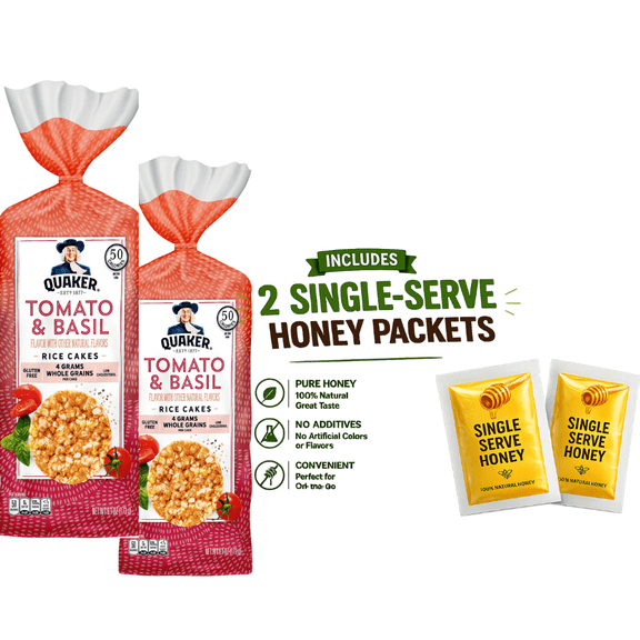 ( Pack of 2 ) Quaker Rice Cakes Tomato & Basil 6.1 oz, With two single serving Honey