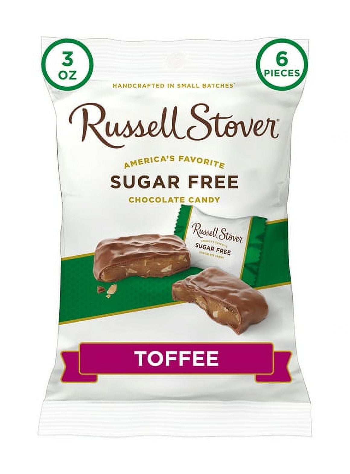 Pack of 2 RUSSELL STOVER Sugar Free Toffee Chocolate Candy, 3 oz. bag
