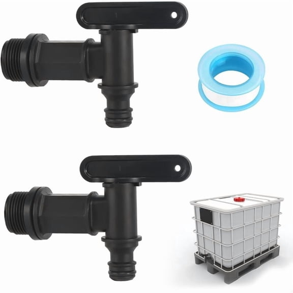 Pack of 2 Rain Barrel Taps with PTFE Tape 3/4" IBC Drain Tap, Plastic Replacement Tap for Rainwater Tank