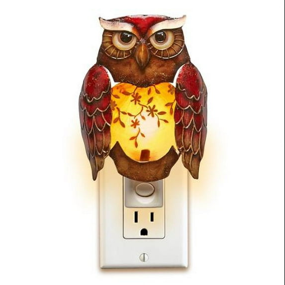 Pack of 2 Red and Brown Capiz Shell Owl with Floral Accent Night Light 6"