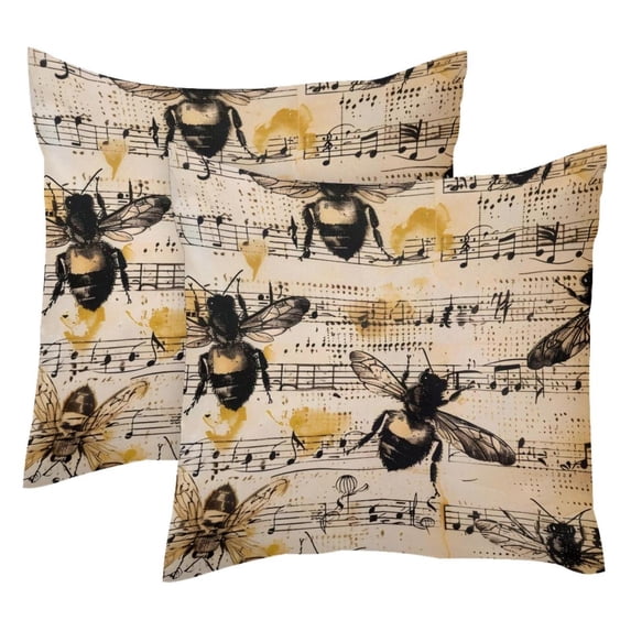 Pack of 2 Retro Music Notes Bees Patetrn Throw Pillow Covers 20x20 Inch, Square Farmhouse Pillowcase, Velvet Cushion Case for Sofa Bedroom Home Decor