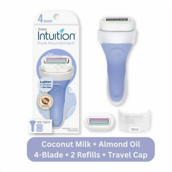 Pack of 2 - Schick Intuition Pure Nourishment 4-Blade Razor + 2 Refills for Women with Coconut Milk & Almond Oil 4 count Packaging May Vary